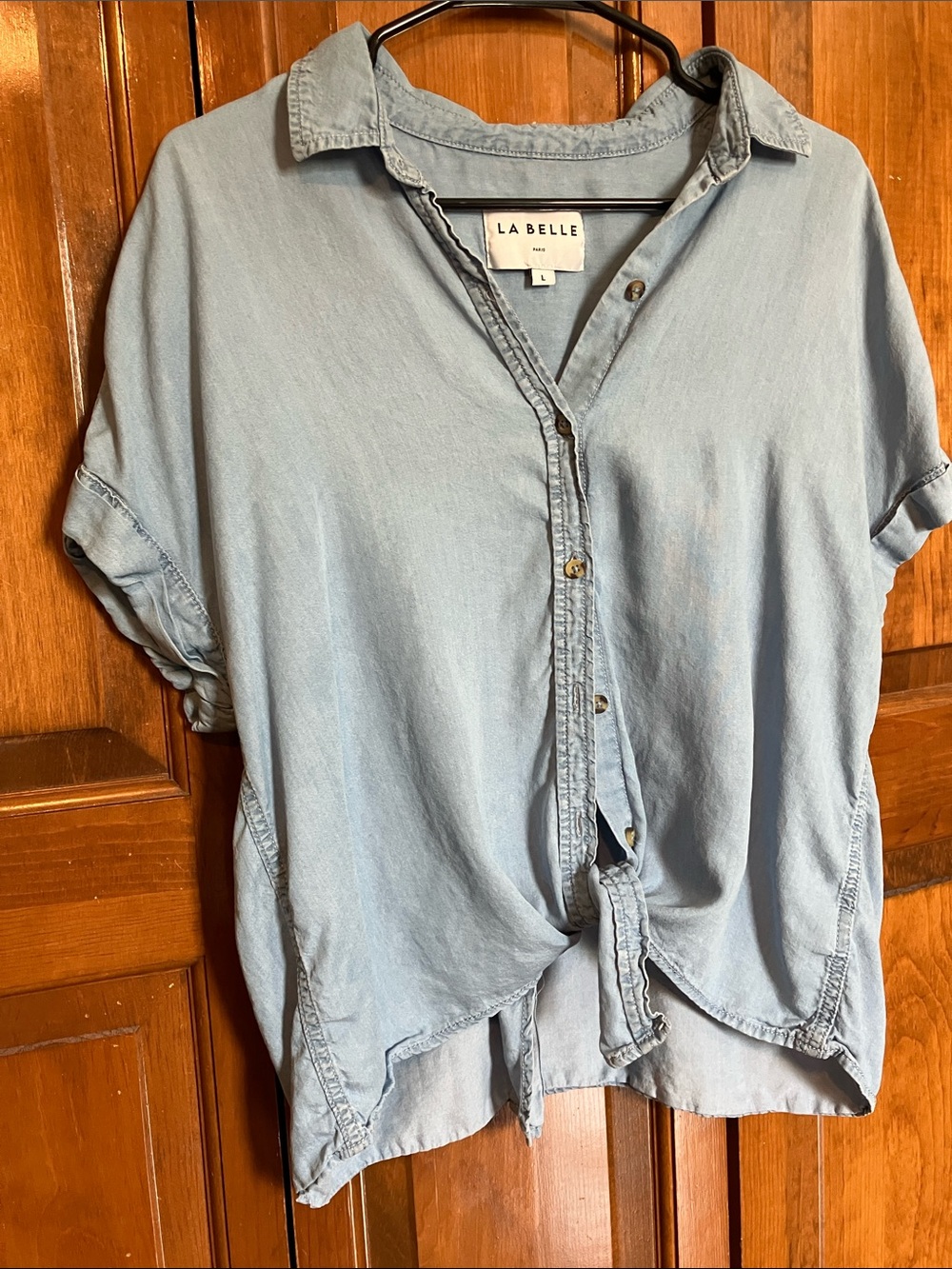 La Belle Light Blue Tie-Front Button-Down Shirt & a little gift to go with:):)